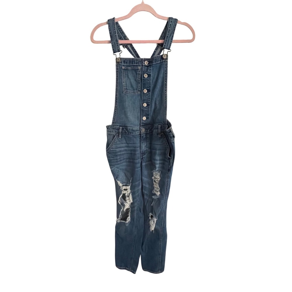 Hollister Womens Medium Wash Distressed Denim Bib Overalls Size M Button Front